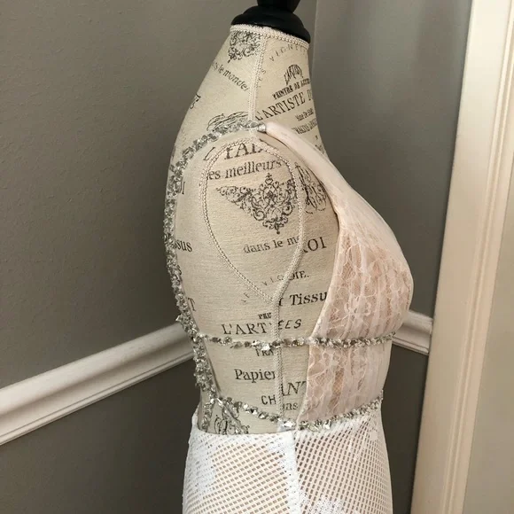 NEW JOVANI SZ 4 IVORY NUDE ILLUSION LACE BEADED FORMAL EVENING GOWN - Picture 6 of 16